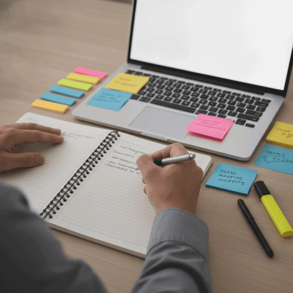 Cartographie des besoins utilisateurs pour achat de PC portables professionnels avec notes et post-its de planification
