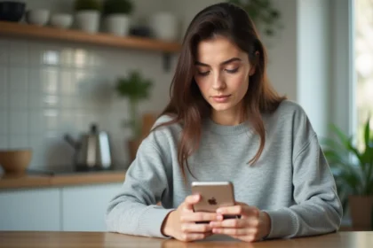 Jeune femme activant son compte Réglo Mobile sur smartphone dans une cuisine moderne