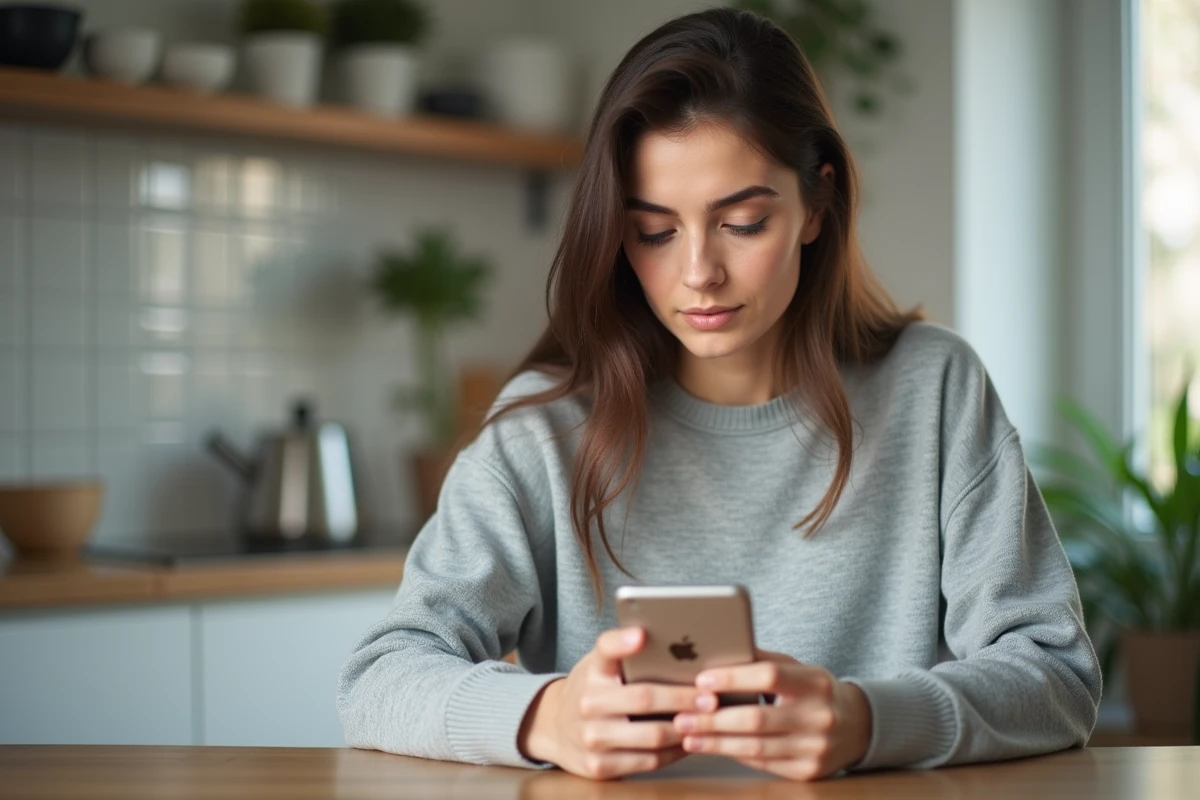 Jeune femme activant son compte Réglo Mobile sur smartphone dans une cuisine moderne