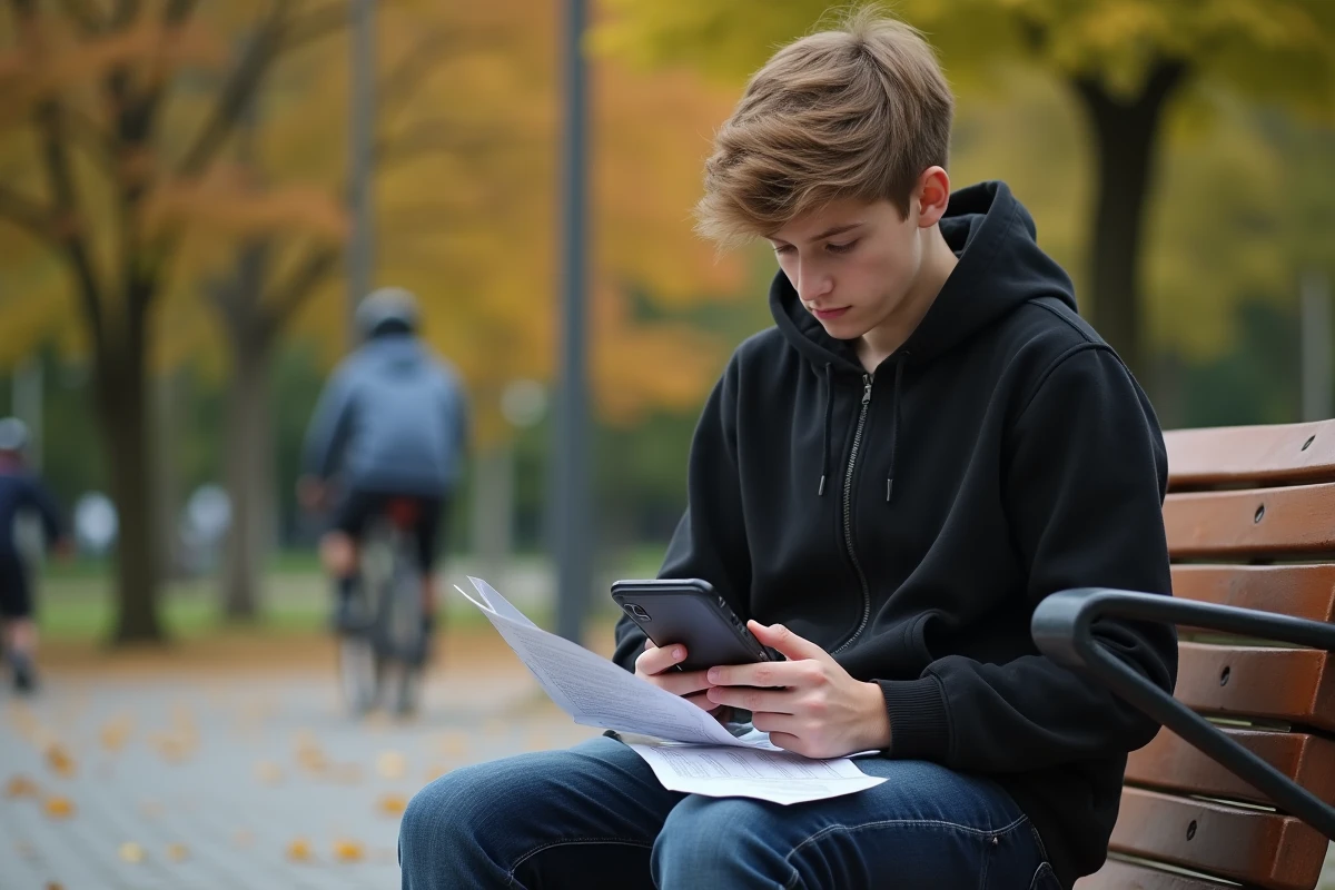 Adolescent activant une carte SIM Réglo Mobile sur un banc dans un parc urbain