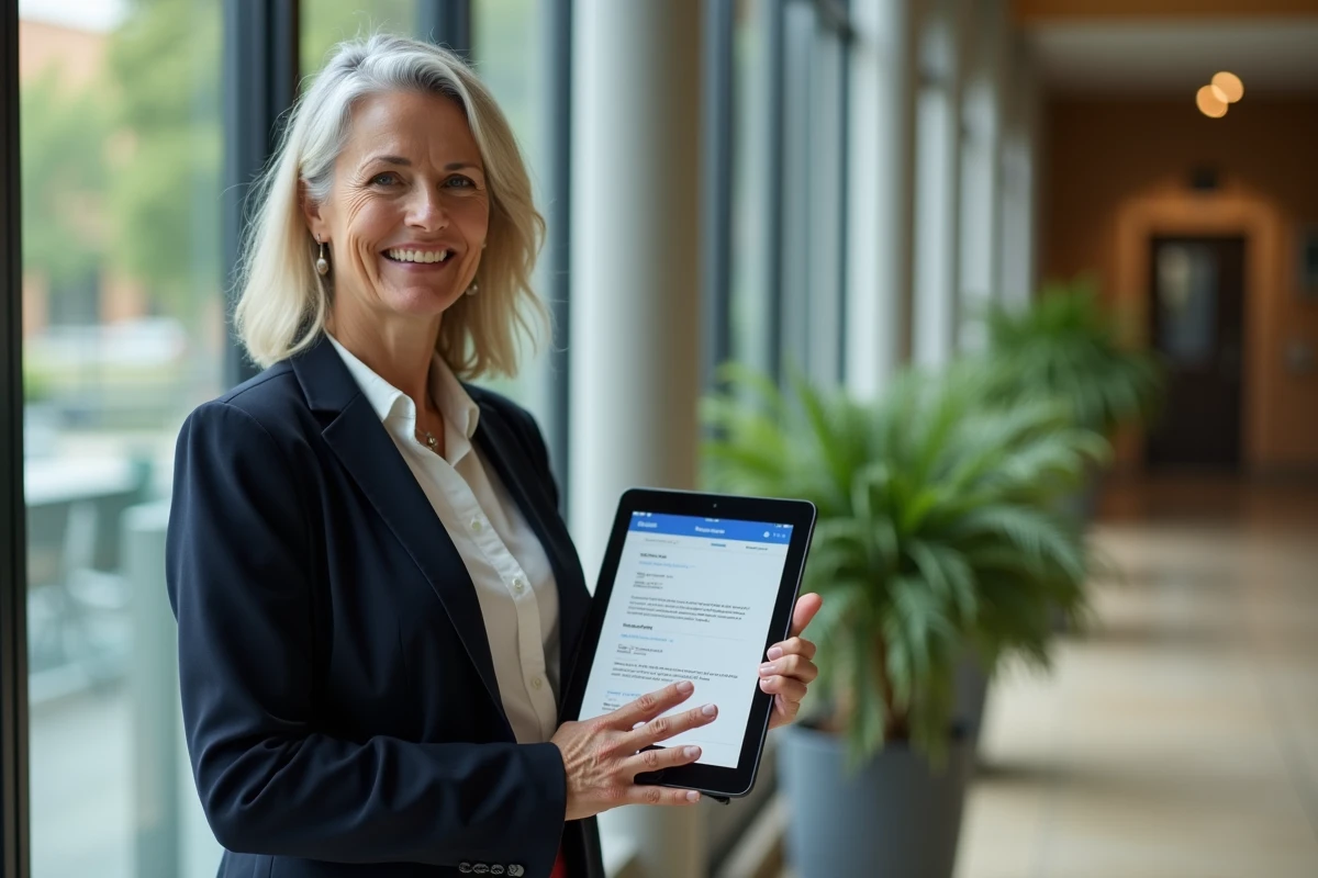 Administratrice universitaire consultant les réglages essentiels de son compte Zimbra sur une tablette dans un bureau institutionnel