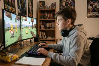 Adolescent concentré sur son serveur multijoueur Minecraft avec mod Pokémon devant son setup gaming