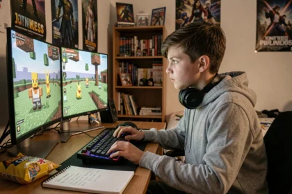 Adolescent concentré sur son serveur multijoueur Minecraft avec mod Pokémon devant son setup gaming