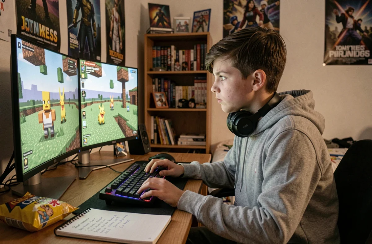 Adolescent concentré sur son serveur multijoueur Minecraft avec mod Pokémon devant son setup gaming
