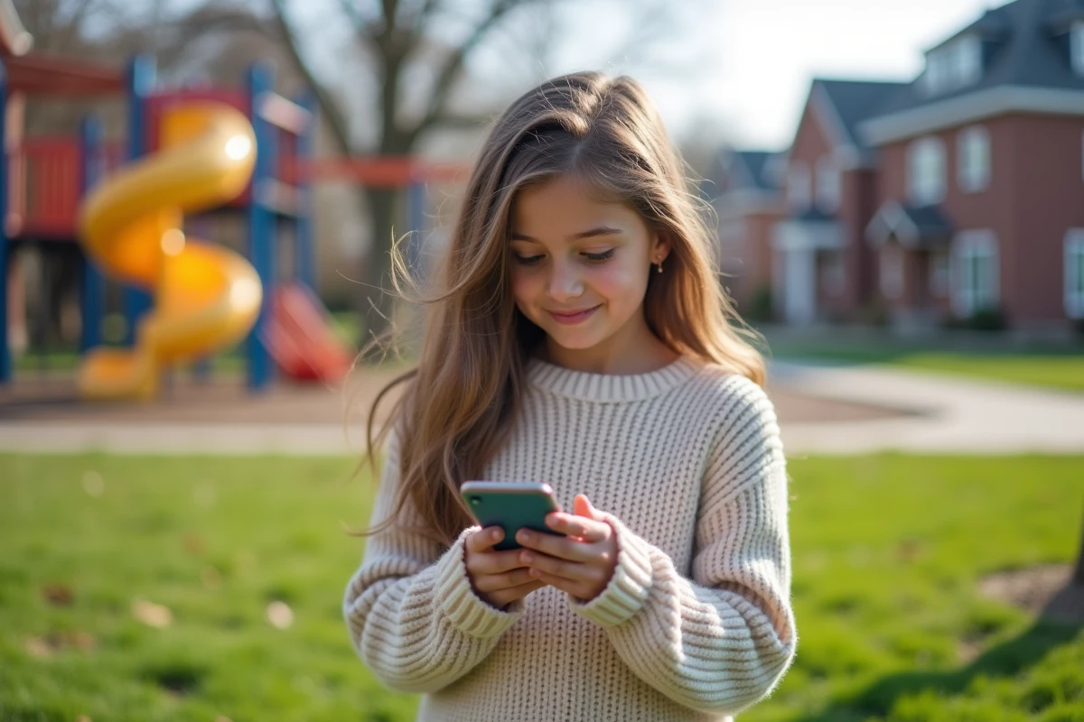 Adolescente souriante avec son iPhone dans un parc