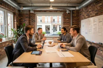 Équipe d'une agence de développement d'applications mobiles dans les Hauts-de-France travaillant ensemble autour d'une table avec smartphones et maquettes d'interface