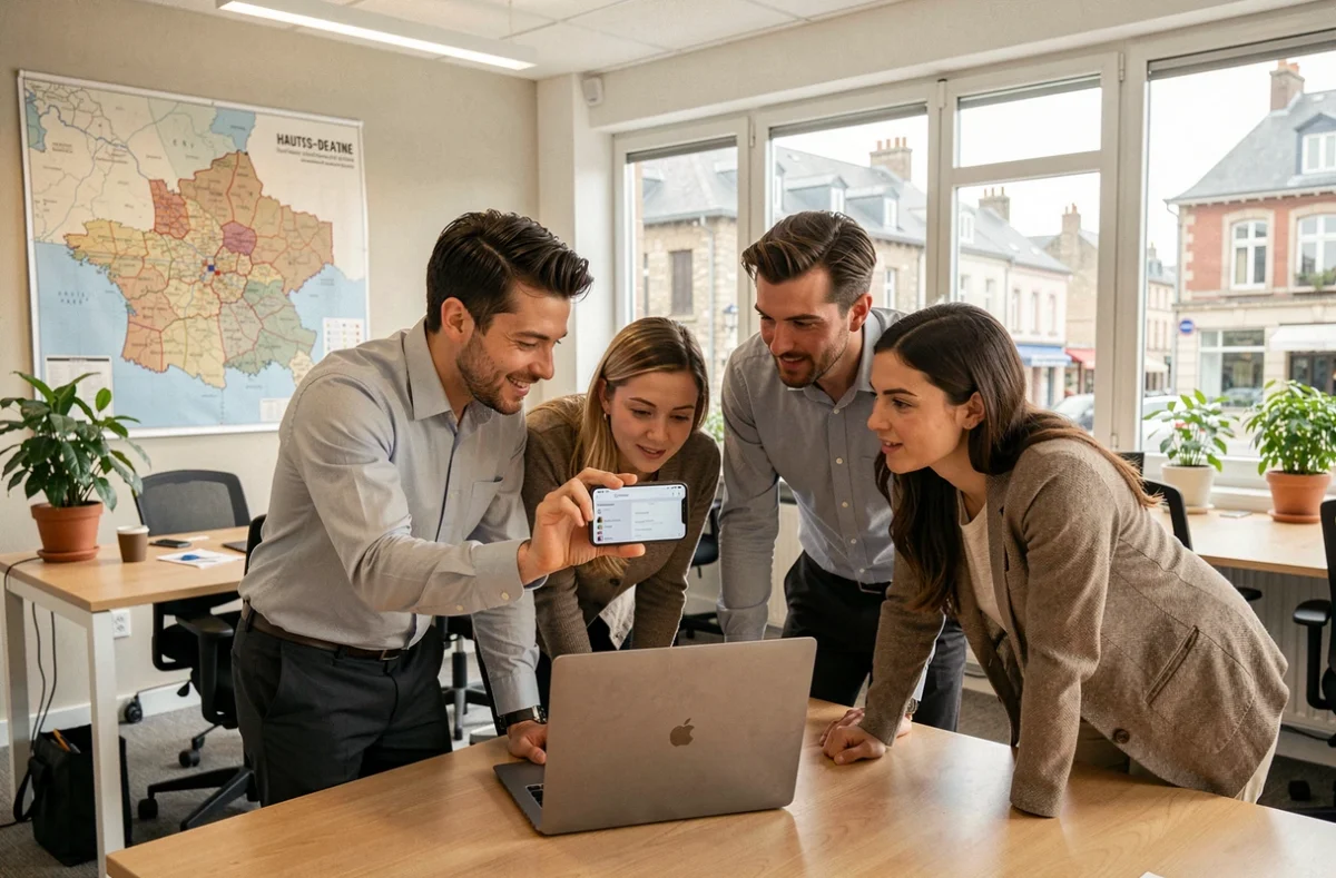 Équipe d'Agifly dans les Hauts-de-France présentant une application mobile cross-platform sur smartphone à des collègues dans un espace de coworking moderne