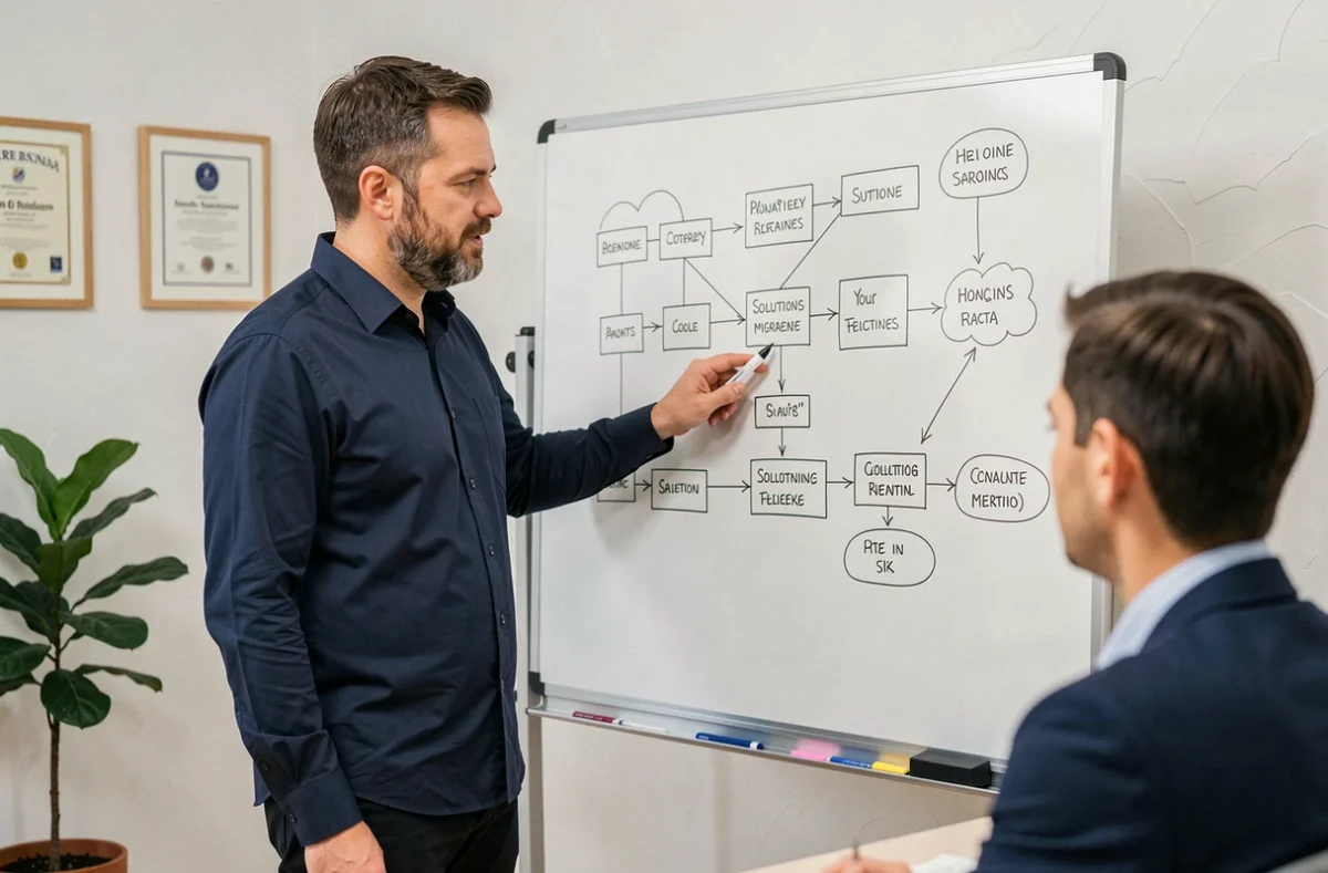 Consultant d'ALT-S présentant une architecture réseau et un plan de migration cloud à un client dans un bureau de conseil de l'Eure