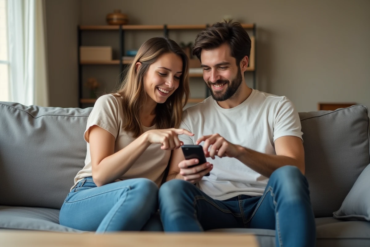 Deux amis assis sur un canapé qui cherchent comment retrouver des messages supprimés sur smartphone