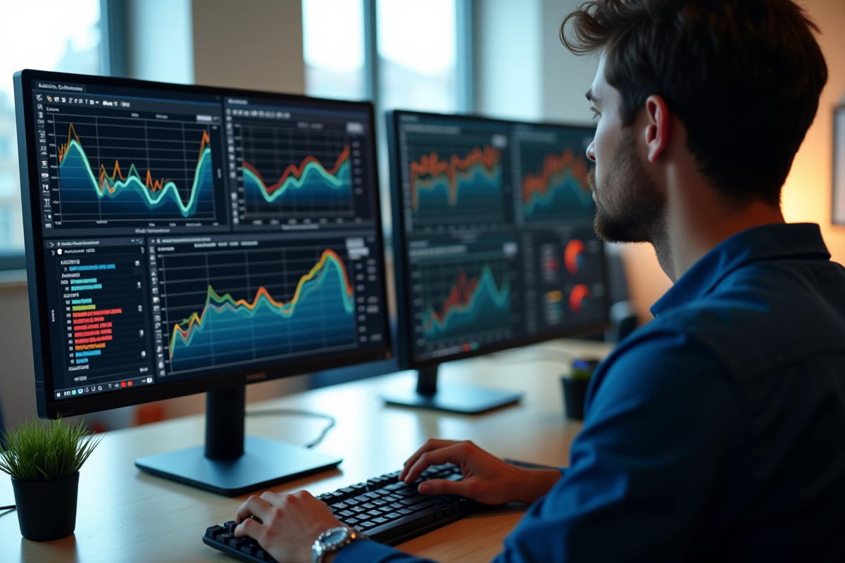 Personne analysant des graphiques de benchmark sur un écran moderne