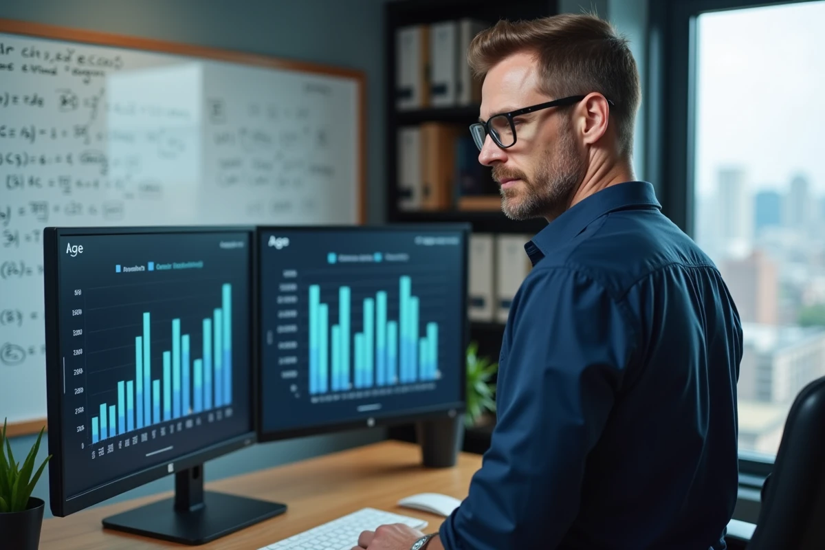 Analyste RH debout devant un double écran affichant des formules Excel de calcul d'âge et suivi d'effectifs