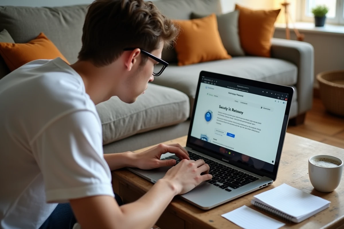 Jeune adulte inspectant une application de nettoyage de cache sur MacBook dans un salon après détection d'un malware