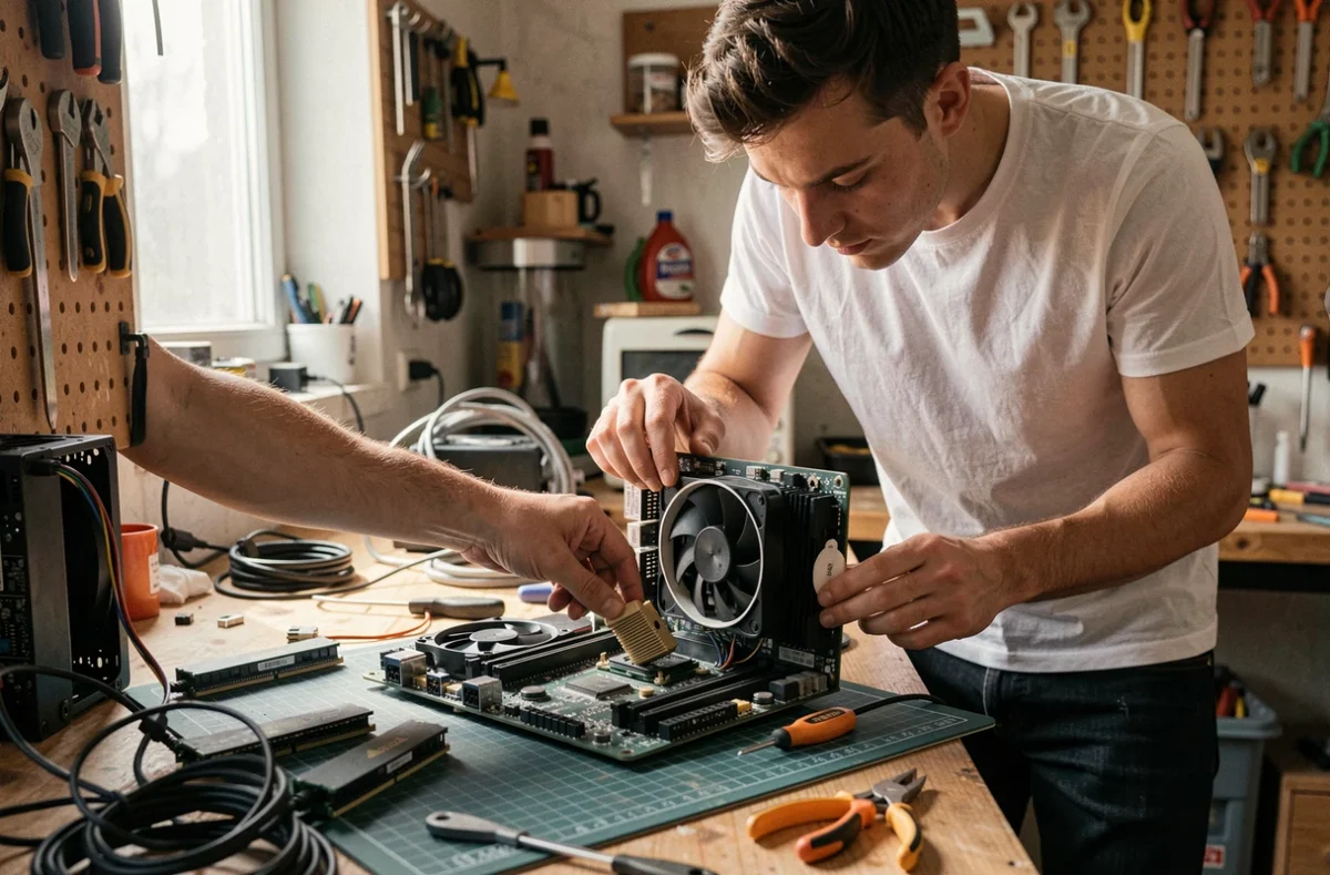 Créateur de contenu assemblant un PC gaming sur mesure avec des composants haute performance dans un atelier personnel