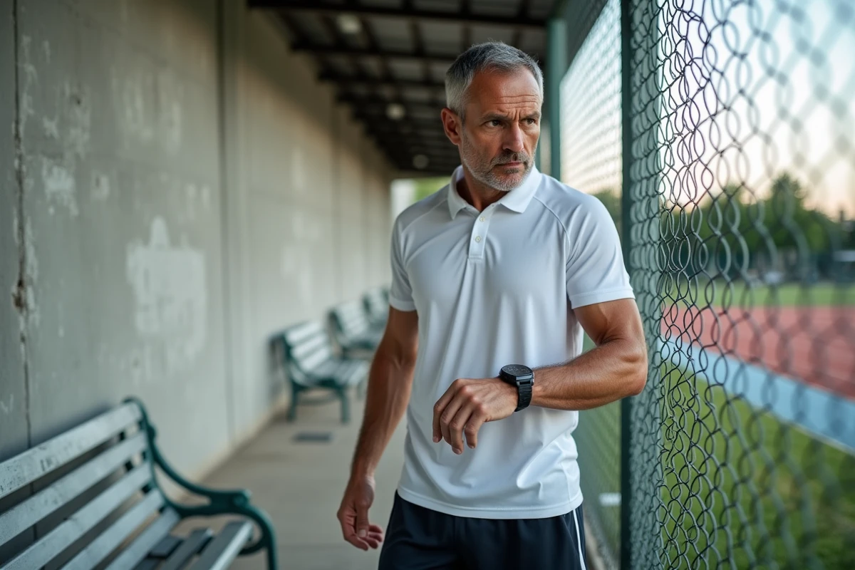 Athlète masculin analysant ses données de performance sur une montre GPS après un test PCS en stade municipal