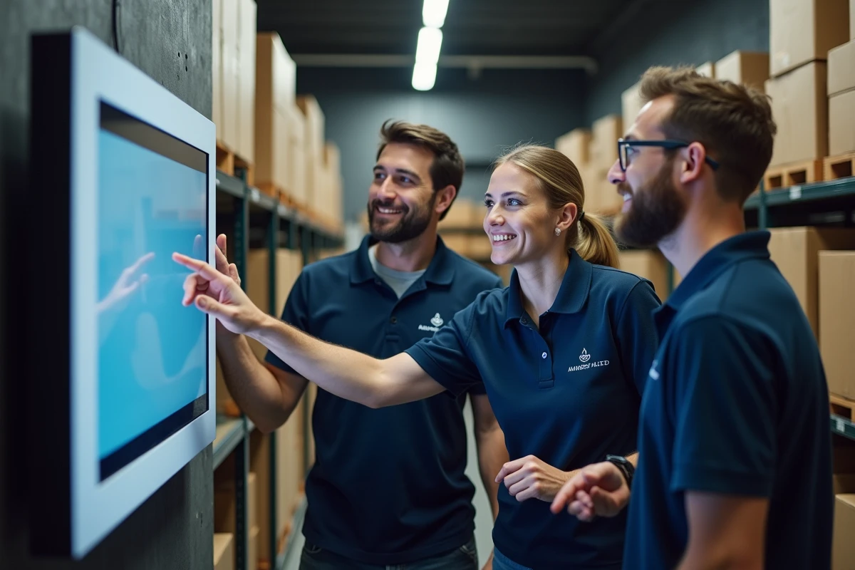 Équipe de collaborateurs en commerce de détail utilisant une borne de pointage numérique dans une réserve