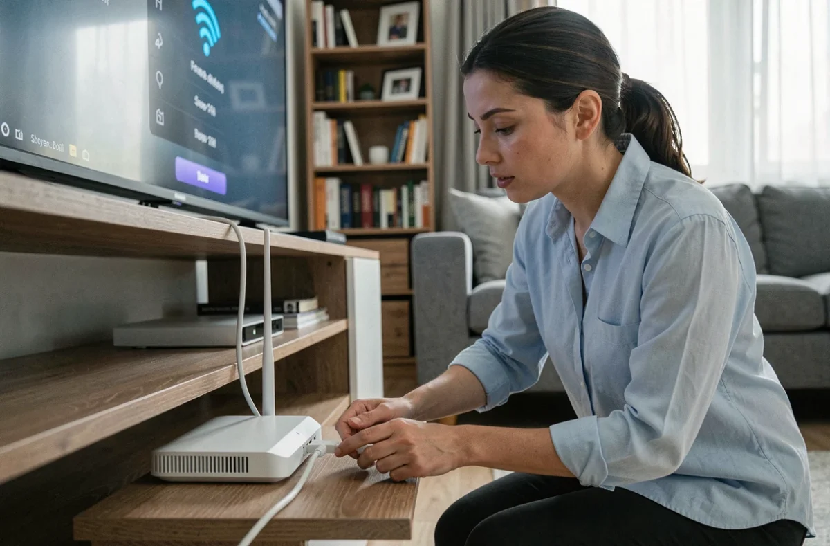 Femme branchant un câble ethernet sur une Freebox dans un salon moderne pour configurer le réseau Wi-Fi