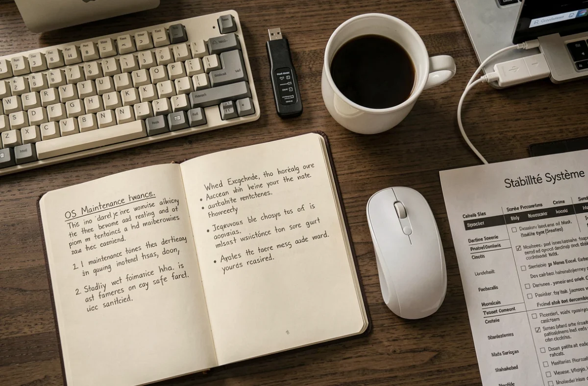 Vue aérienne d'un bureau avec carnet de notes d'astuces OS, clavier mécanique et outil de diagnostic système