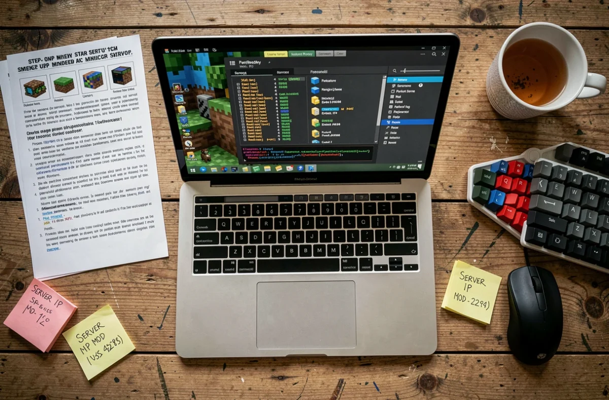 Bureau gaming avec laptop affichant la configuration d'un serveur Minecraft et les fichiers du mod Pokémon