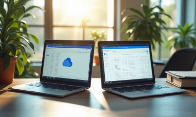 Espace de travail moderne avec deux ordinateurs portables affichant Google Drive et Google Cloud