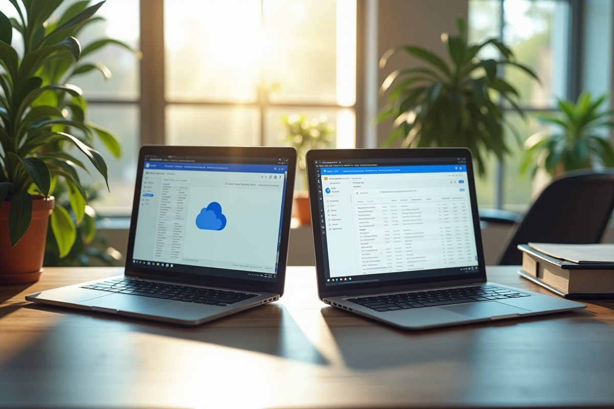 Espace de travail moderne avec deux ordinateurs portables affichant Google Drive et Google Cloud