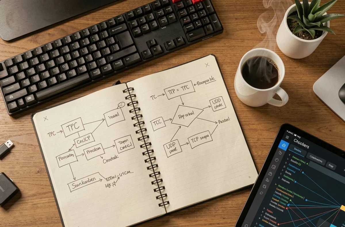 Cahier technique avec schémas de protocoles TCP et UDP sur un bureau de travail moderne