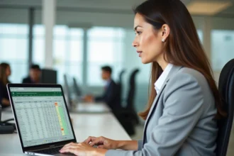 Femme professionnelle calculant des pourcentages de variation de prix sur Excel dans un bureau moderne