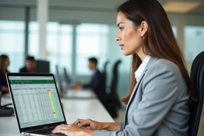 Femme professionnelle calculant des pourcentages de variation de prix sur Excel dans un bureau moderne