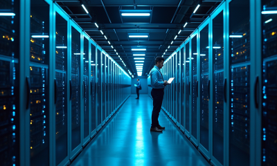 Centre de donnees europeen moderne avec serveurs lumineux