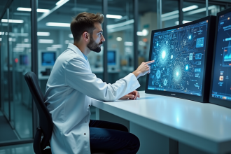 Jeune scientifique en laboratoire analysant un ordinateur quantique