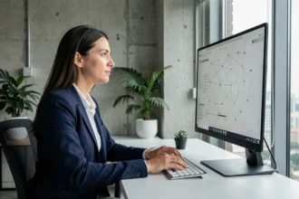Chercheuse en intelligence artificielle devant un écran affichant un réseau neuronal, dans un bureau technologique moderne