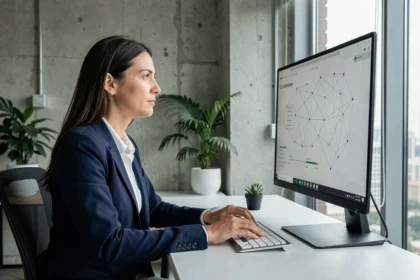 Chercheuse en intelligence artificielle devant un écran affichant un réseau neuronal, dans un bureau technologique moderne
