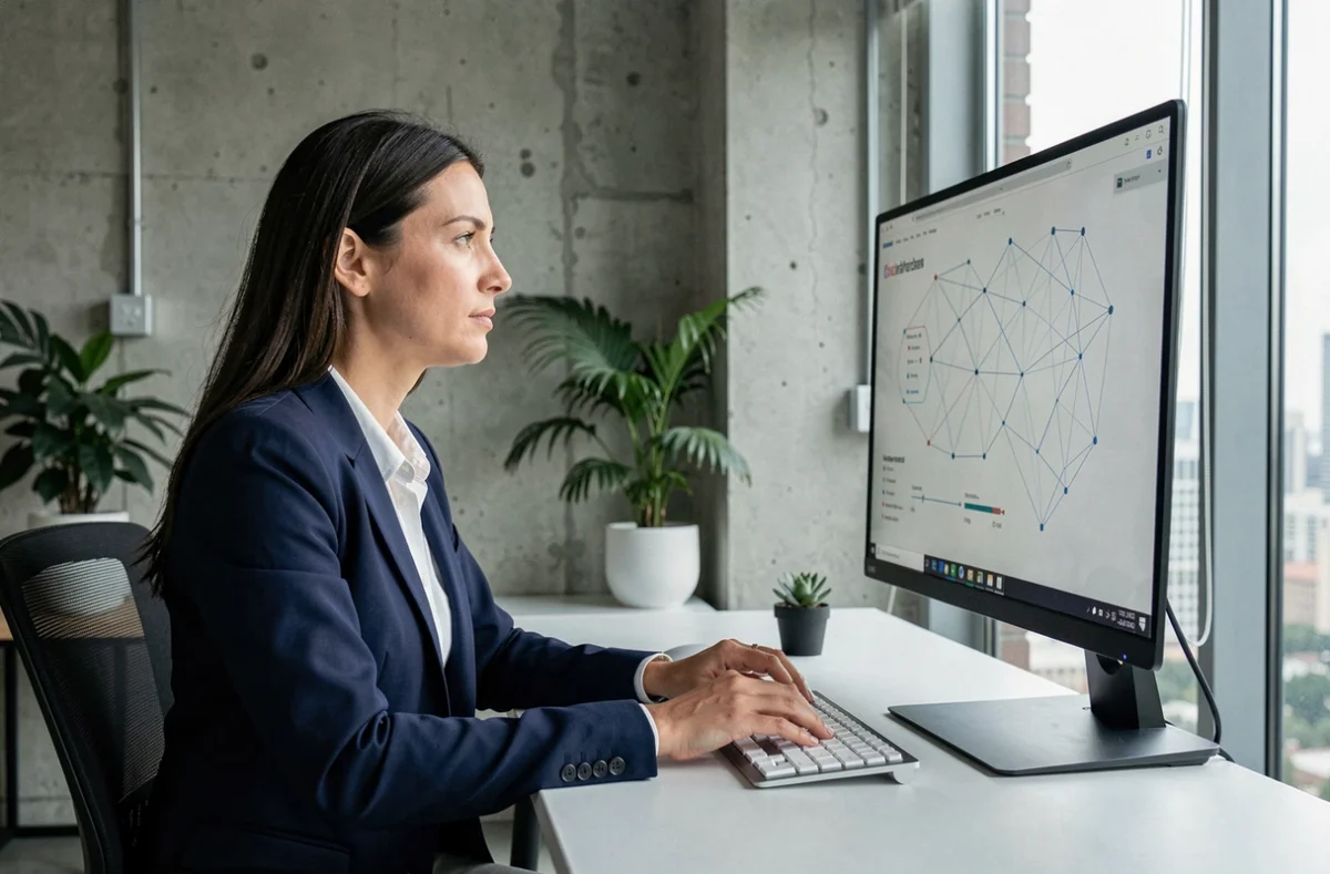 Chercheuse en intelligence artificielle devant un écran affichant un réseau neuronal, dans un bureau technologique moderne