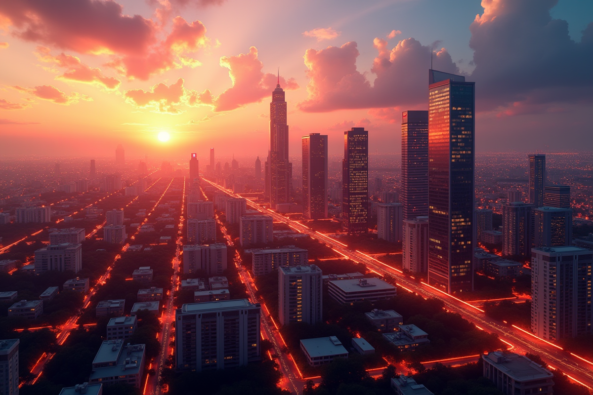 Ciel de ville au coucher du soleil avec lignes de données connectant les immeubles