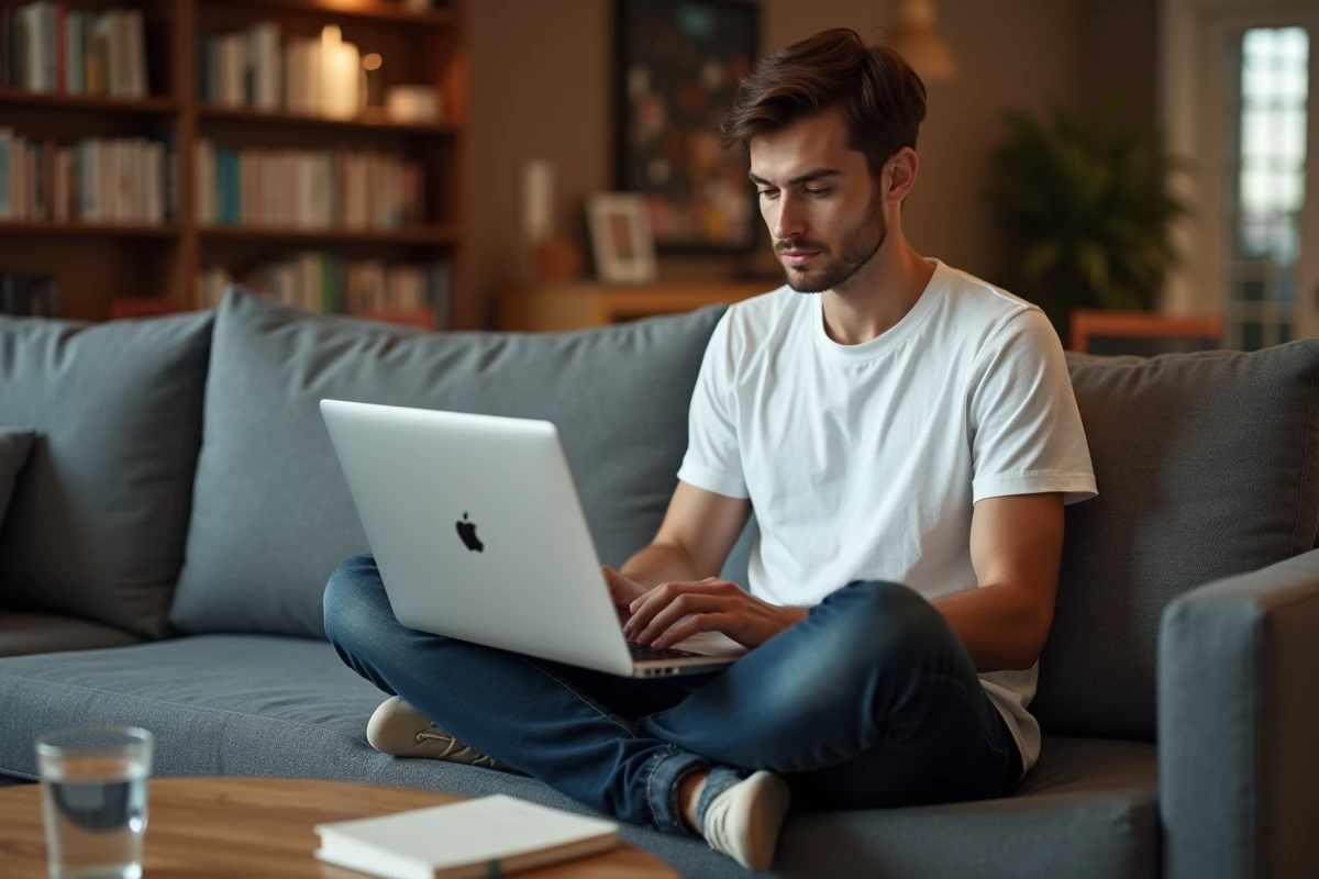 Jeune homme classant des icônes sur le bureau d'un MacBook installé dans un salon confortable
