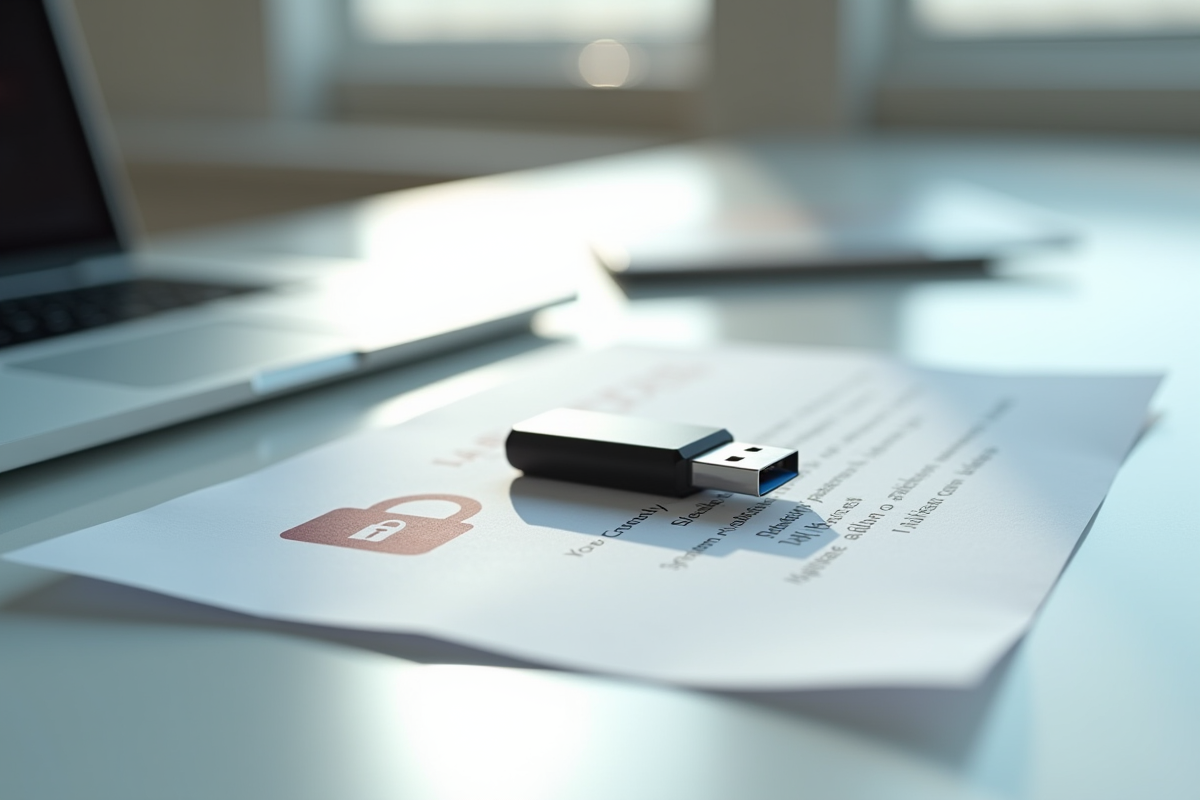 Clé USB sécurisée et document PDF avec cadenas sur bureau lumineux