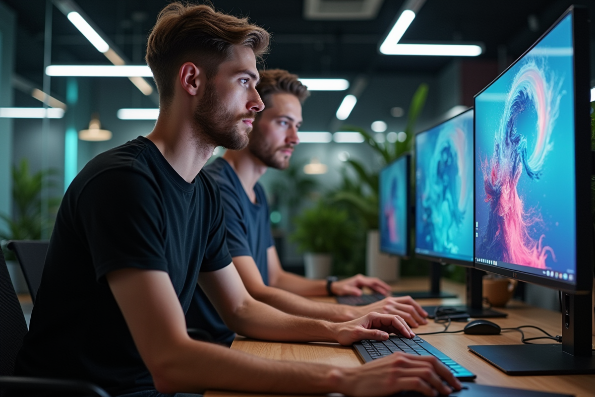 Jeune homme collaborant avec un collègue sur un projet graphique