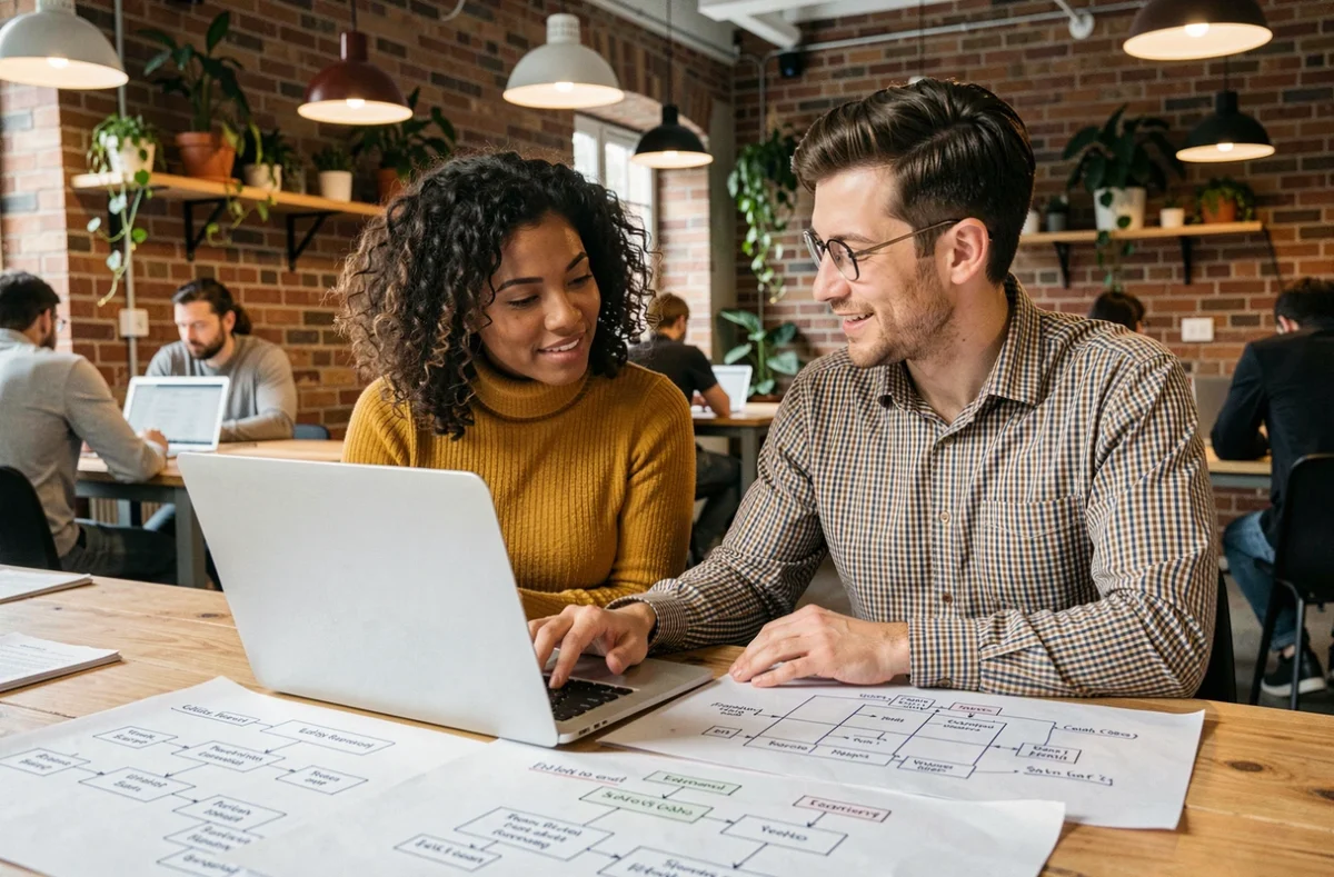 Deux géomaticiens collaborant sur des schémas de modèle logique et des structures de données SIG dans un espace coworking