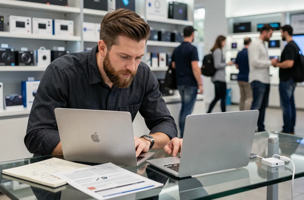 Homme comparant deux laptops en magasin pour choisir le meilleur PC pour créateurs de contenu