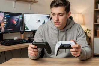 Jeune homme comparant une manette Nintendo Switch et une manette PS5 DualSense à son bureau PC gaming