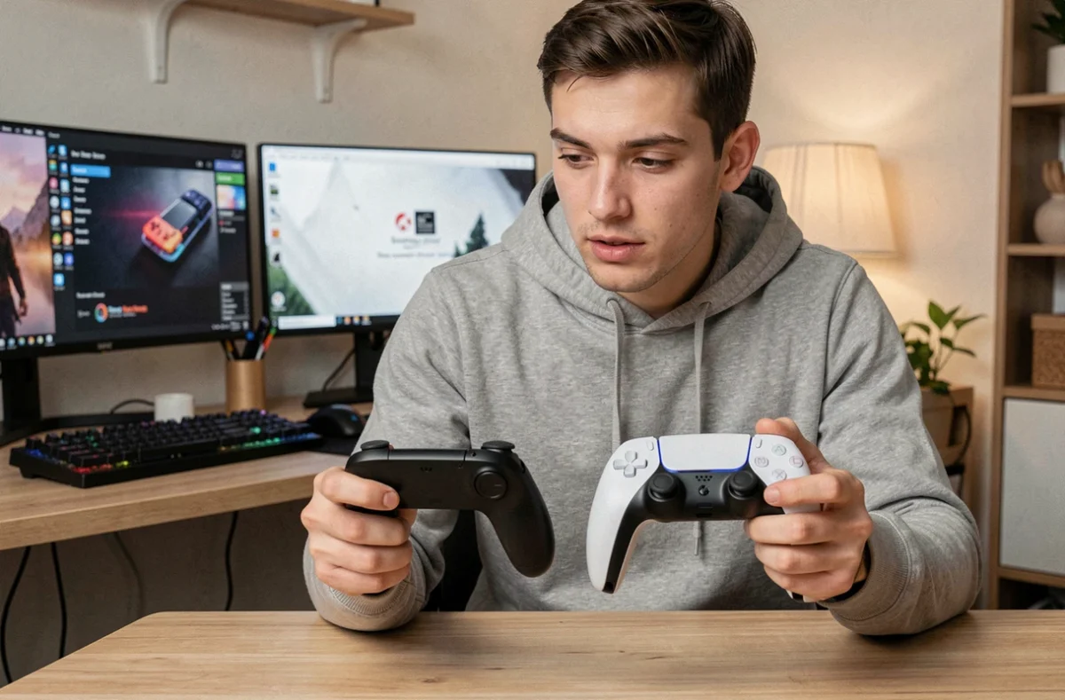 Jeune homme comparant une manette Nintendo Switch et une manette PS5 DualSense à son bureau PC gaming