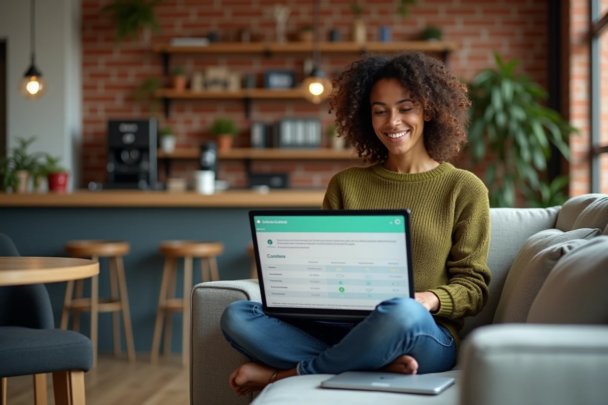 Jeune professionnelle en PME comparant les tarifs de solutions intranet sur son ordinateur portable dans un espace collaboratif