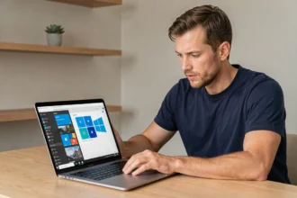 Développeur comparant Windows 10 et Windows 11 sur un ordinateur portable côte à côte dans un bureau minimaliste