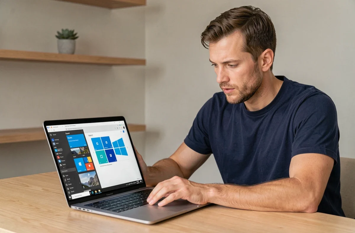 Développeur comparant Windows 10 et Windows 11 sur un ordinateur portable côte à côte dans un bureau minimaliste
