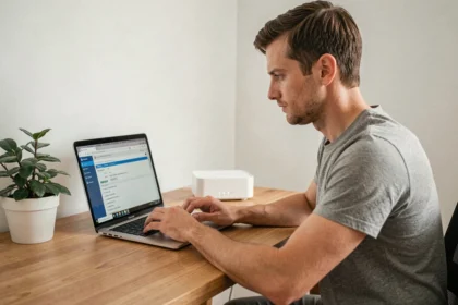 Homme configurant sa Freebox via l'interface mafreebox.freebox.fr sur un ordinateur portable à son bureau