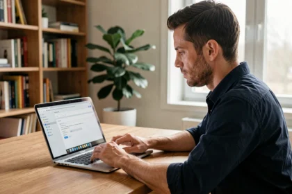 Homme configurant un client de messagerie Thunderbird sur un ordinateur portable dans un bureau à domicile