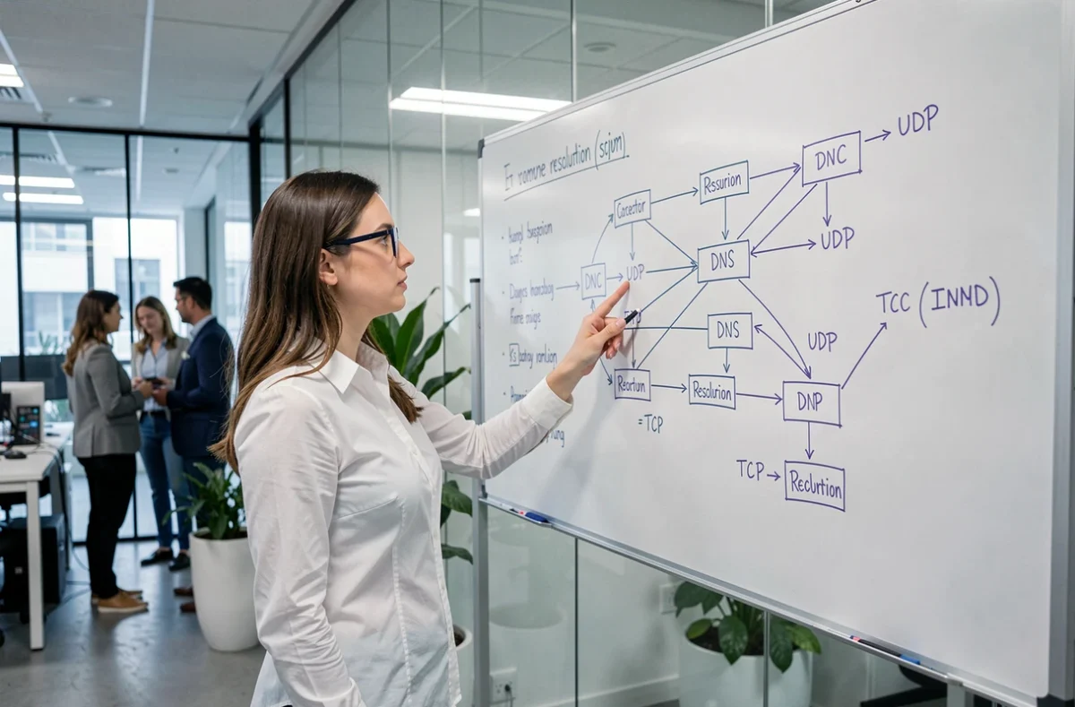 Consultante IT présentant une architecture DNS avec protocoles TCP et UDP sur un tableau blanc en salle de réunion
