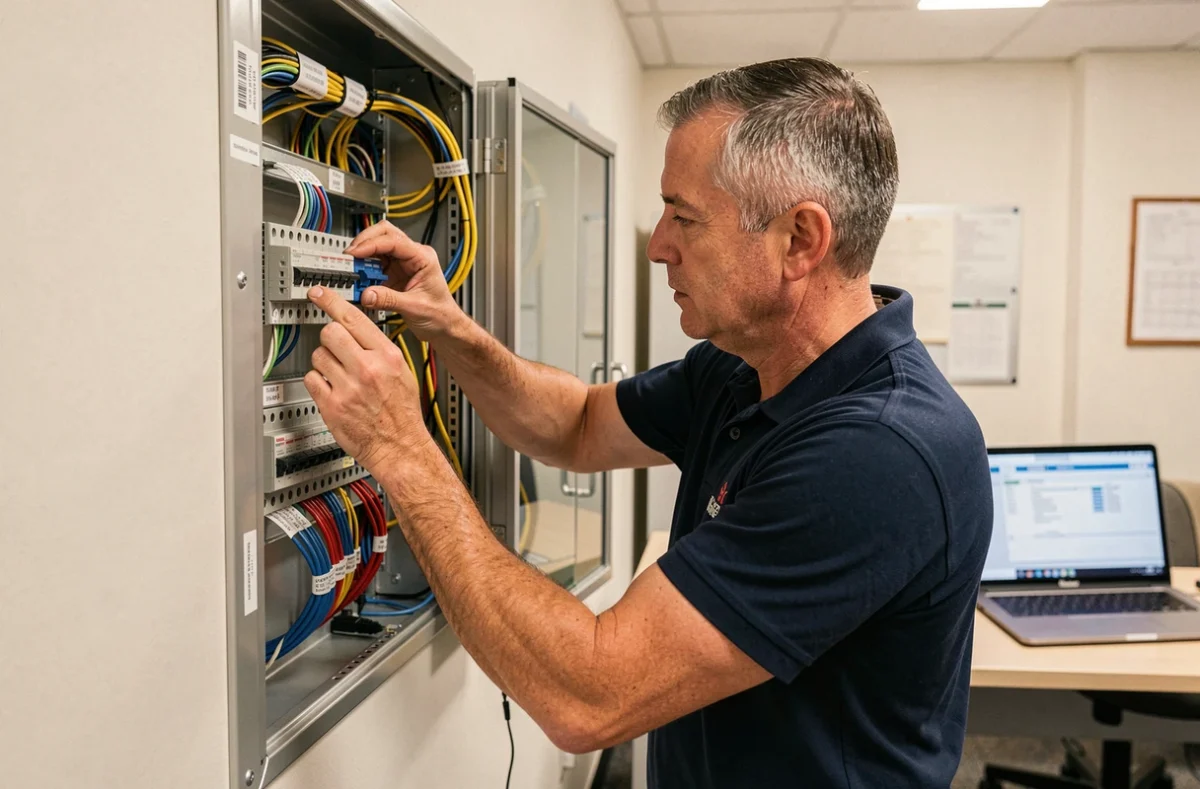 Technicien de Corail Informatique installant un switch réseau dans une armoire de brassage chez un client dans l'Eure