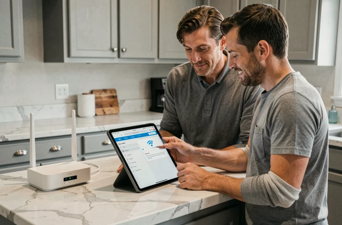 Couple consultant les étapes de configuration Wi-Fi de la Freebox sur une tablette dans une cuisine