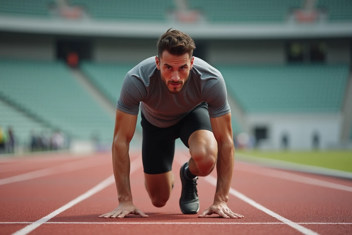 Coureur masculin en position de départ sur une piste d'athlétisme, prêt pour un test de performance physique PCS