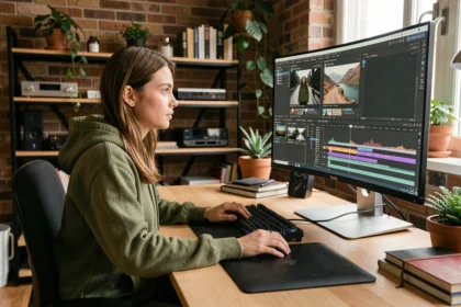 Créatrice de contenu travaillant sur un PC puissant avec un logiciel de montage vidéo dans un studio home office moderne